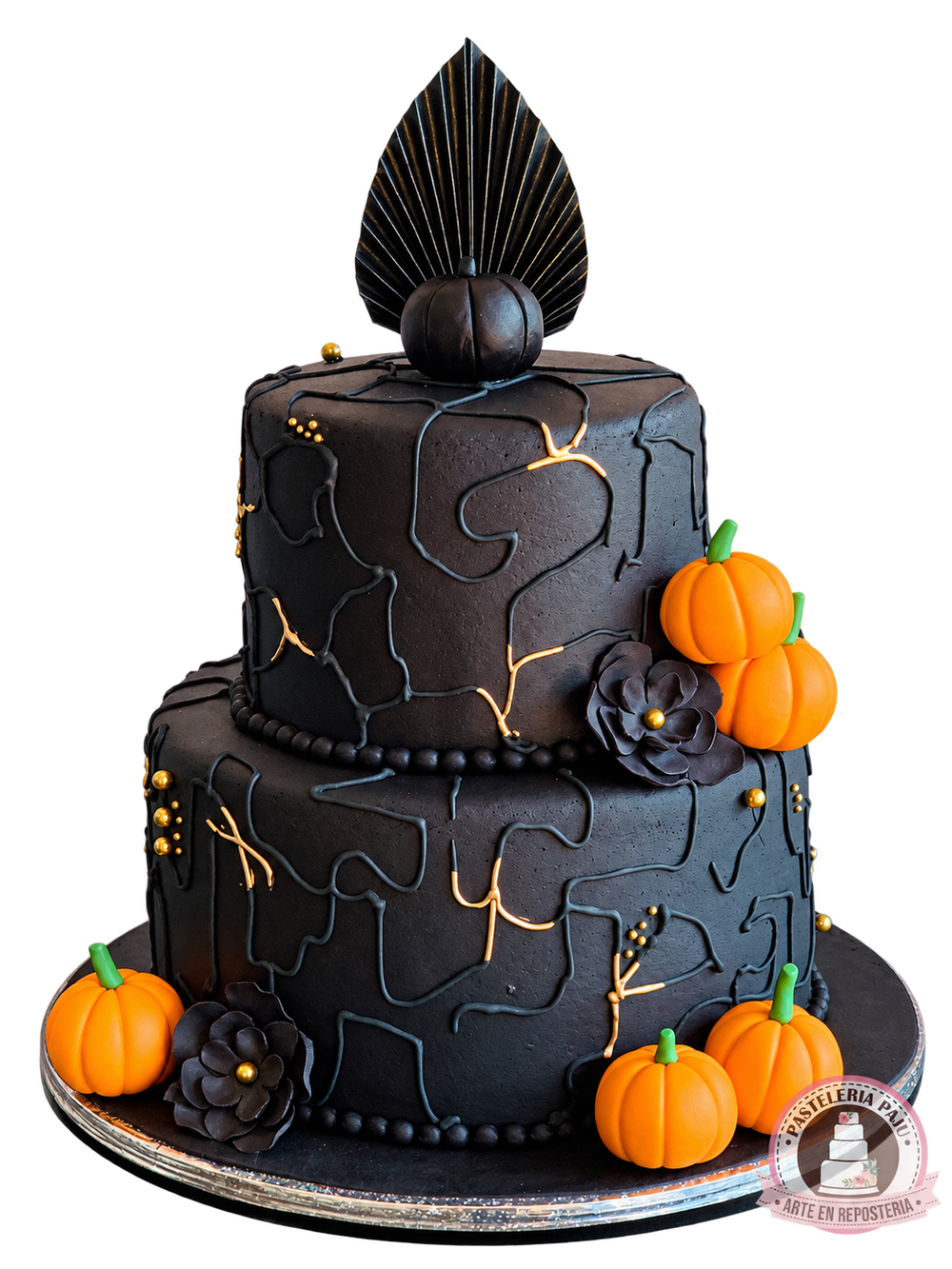 Pastel de Halloween negro con calabazas