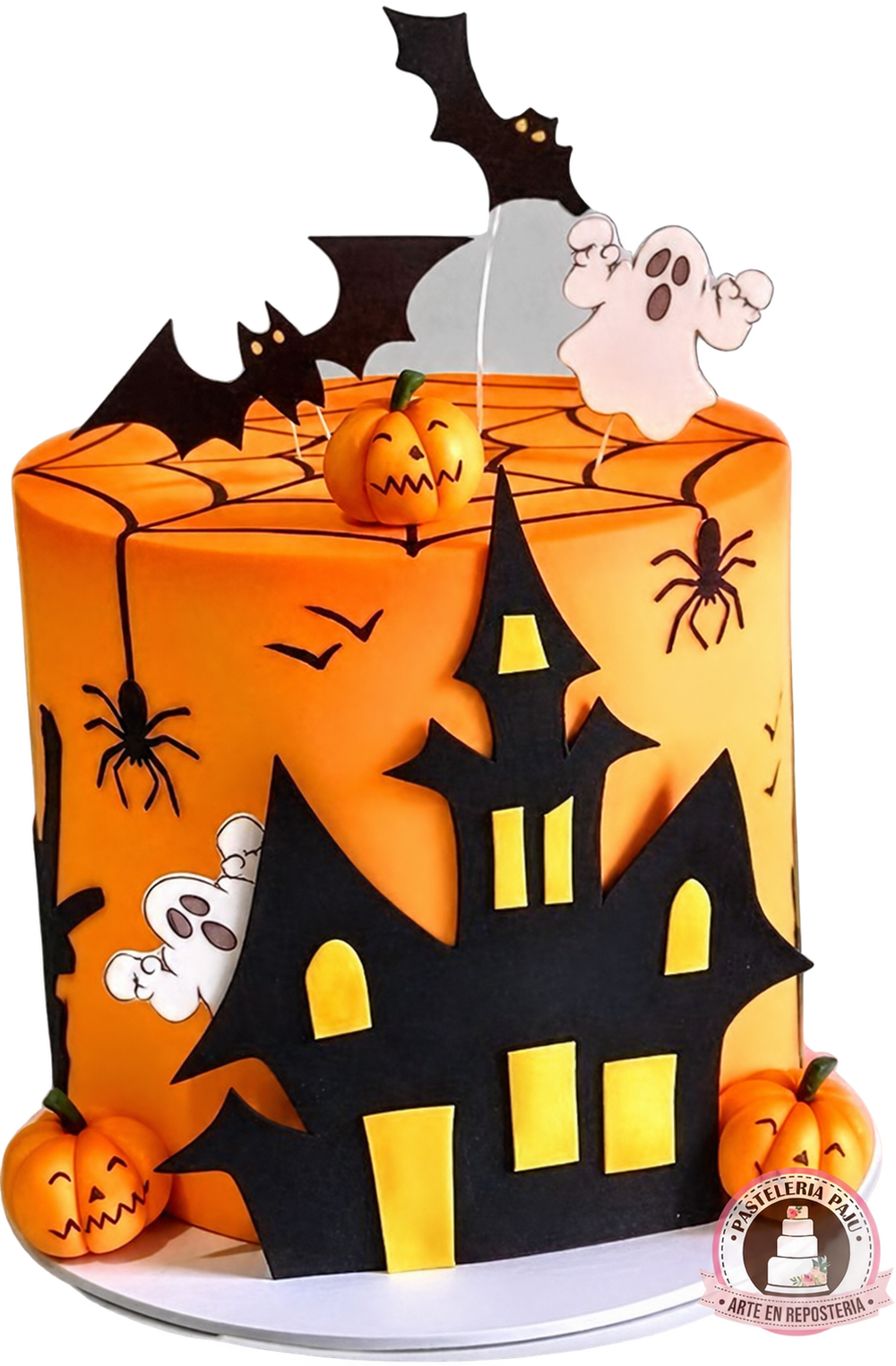 Pastel de Halloween con castillo embrujado y fantasmas