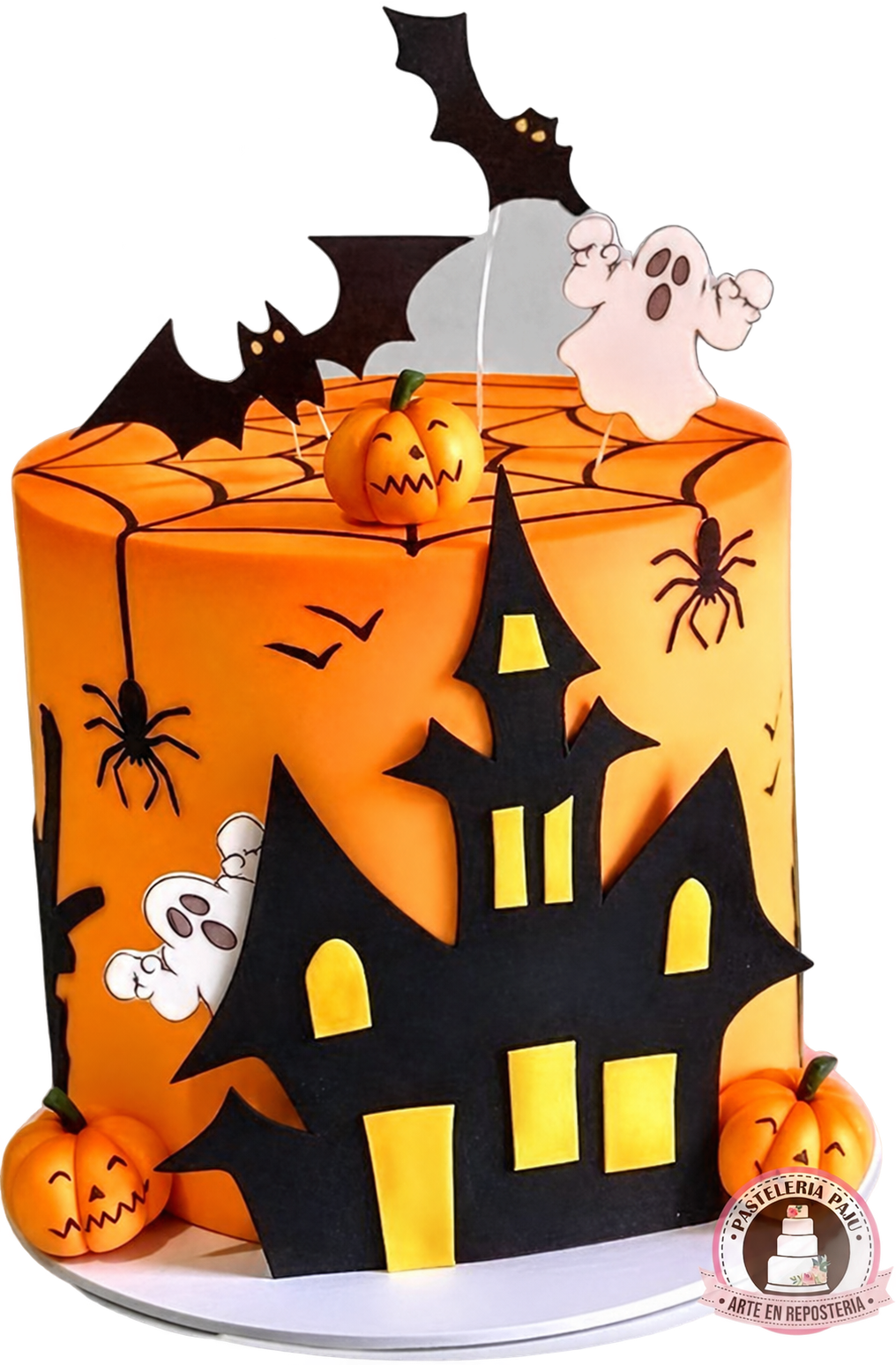 Pastel de Halloween con castillo embrujado y fantasmas