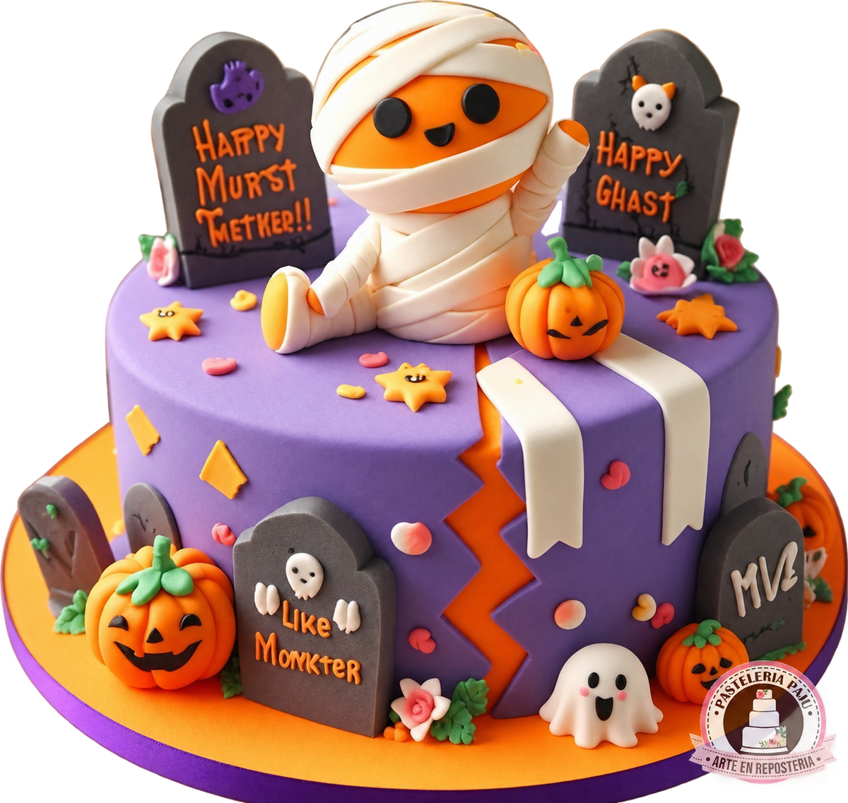Pastel de Halloween con momia, calabazas y lápidas