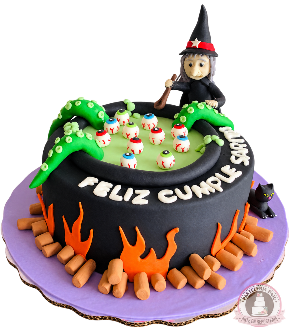 Pastel de Halloween con caldero y bruja