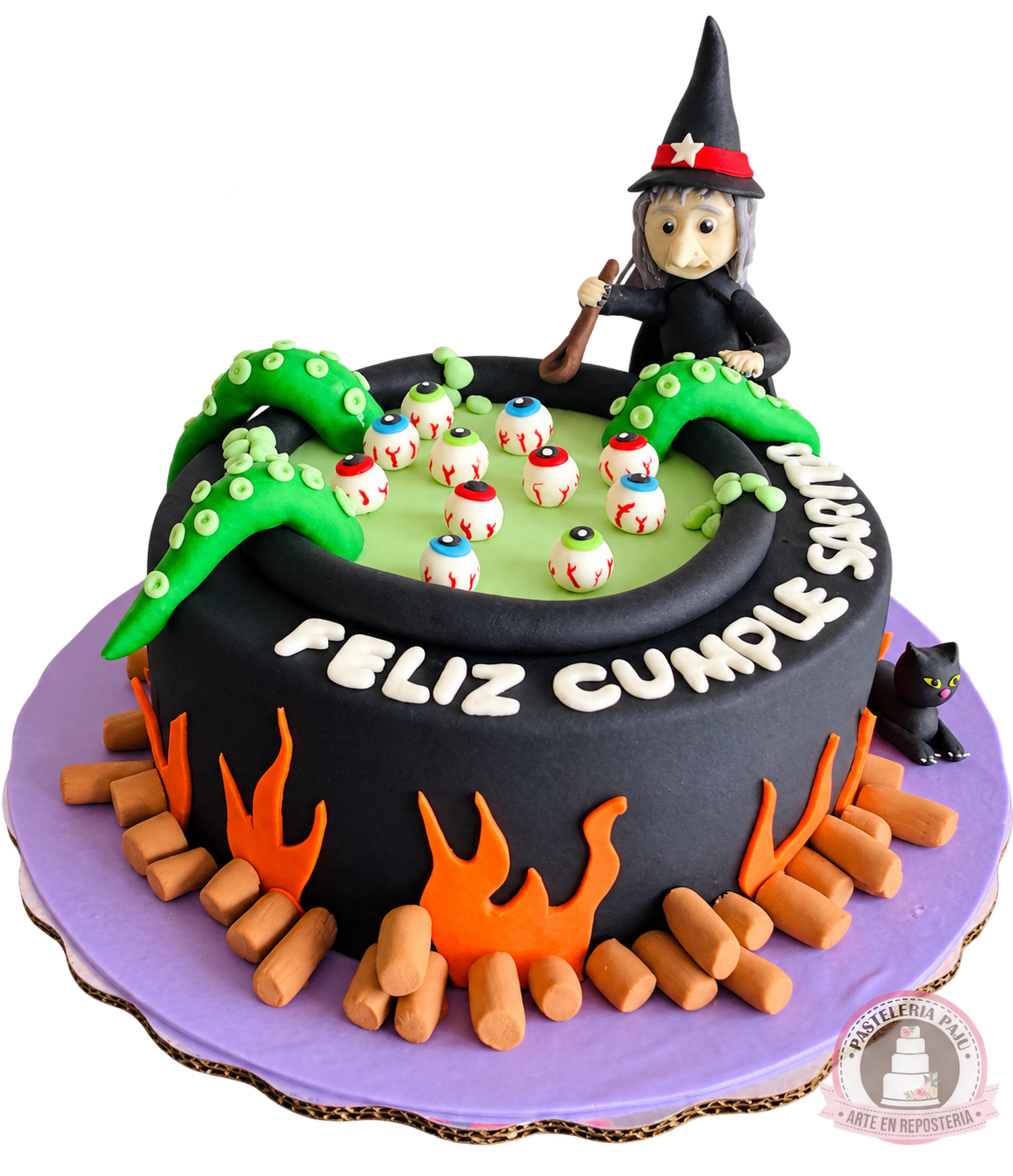 Pastel de Halloween con caldero y bruja