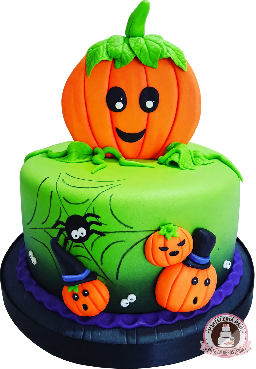Pastel de Halloween con calabazas y arañas