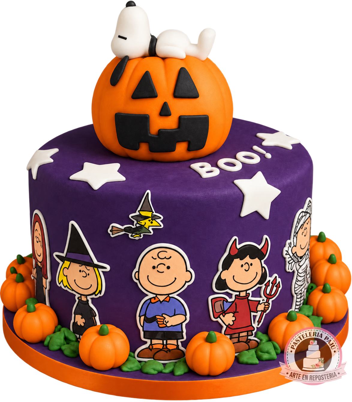 Pastel de Halloween con Snoopy y calabazas